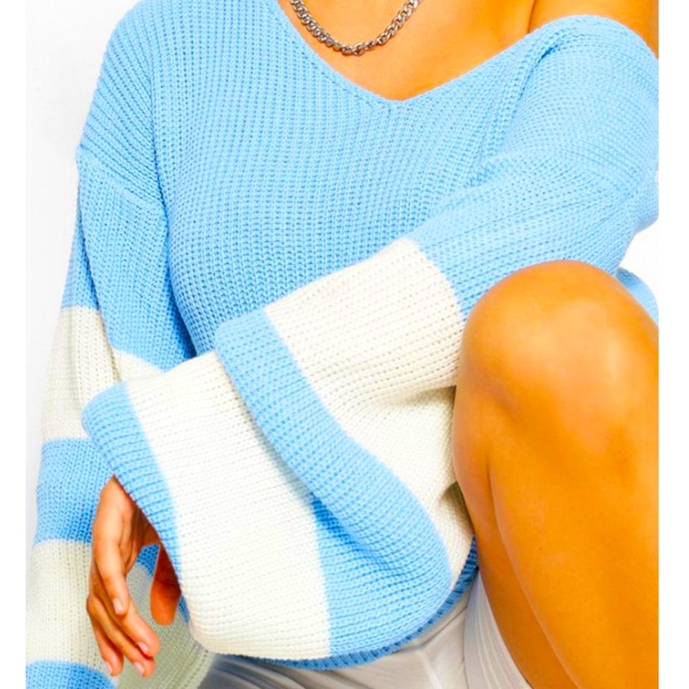 Plus V Neck Stripe Sweater